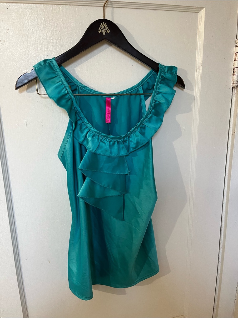 Heart & Soul Teal Satin Ruffle Sleeveless Blouse Top Size Small EUC